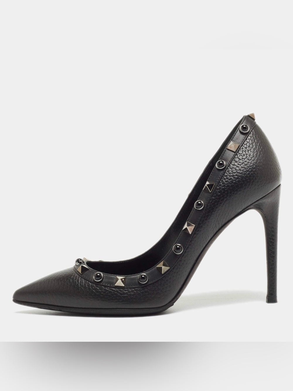 Valentino Garavani Black Leather Rolling Rockstud Pointed Toe Pumps